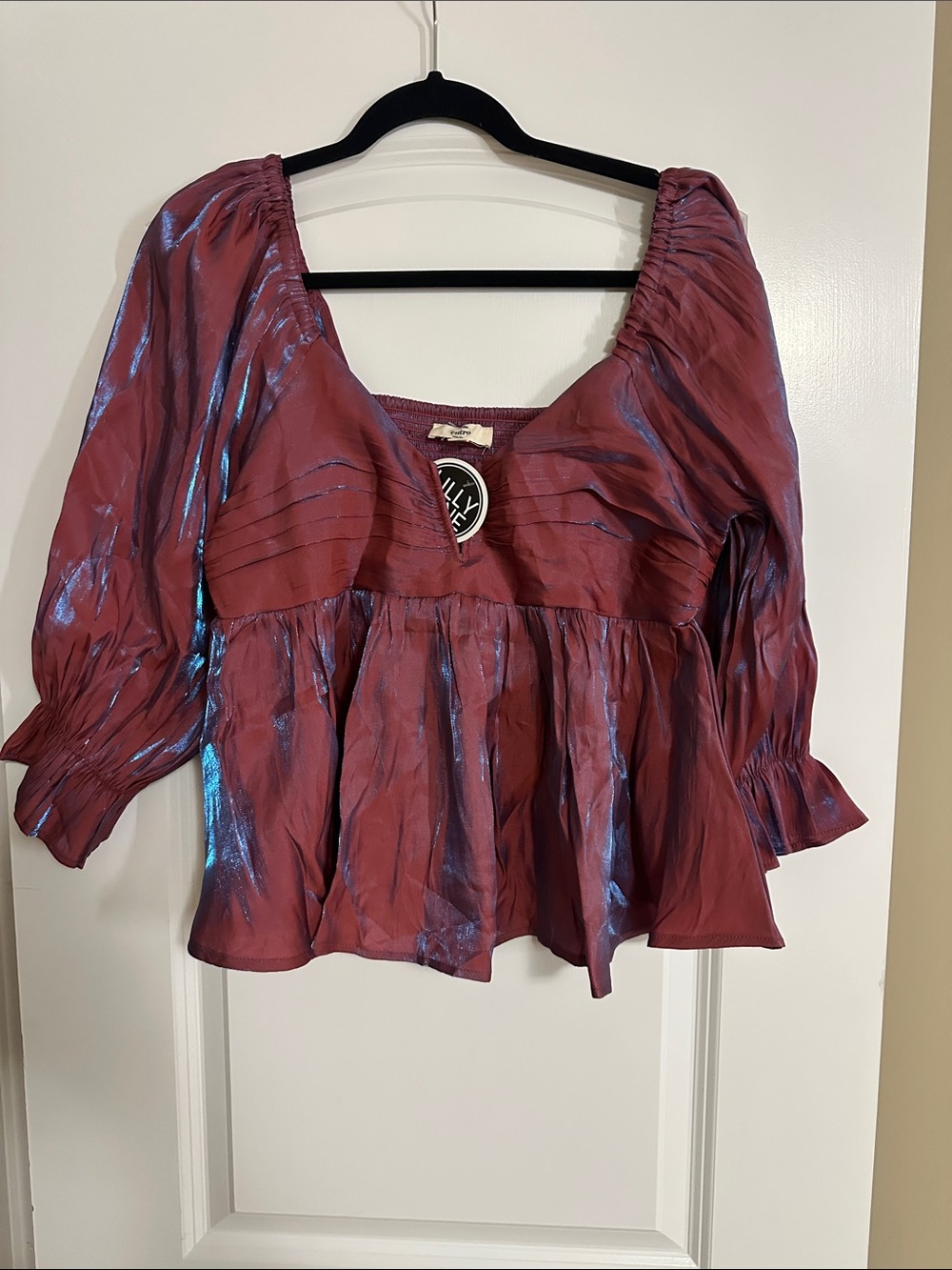 entro Iridescent Plum Peplum Blouse with Blue Sheen